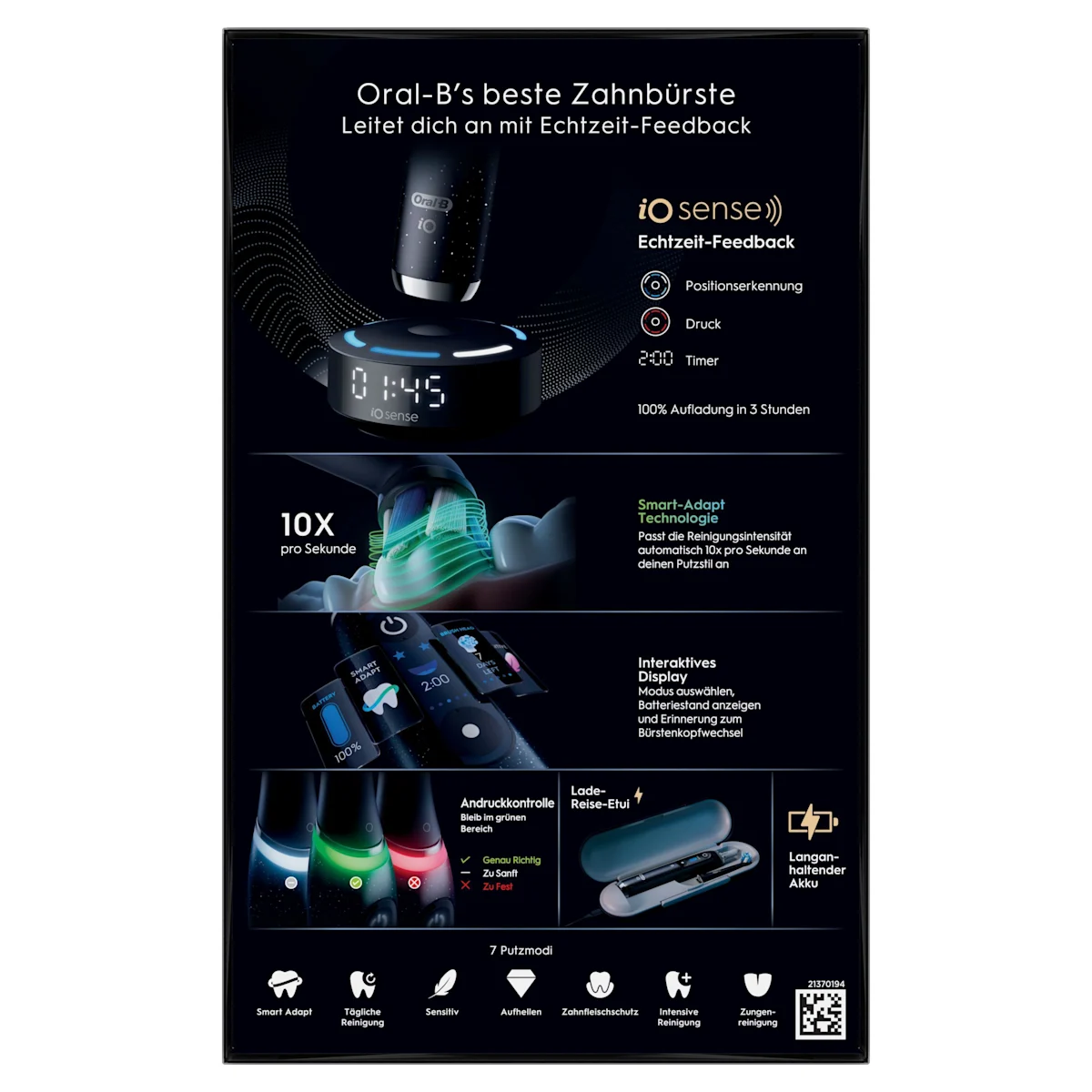 Oral-B iO 10 Ultimate Zahnbürste, mit Verpackung, Lade-Reise-Etui und dem Hinweis Oral-B's beste Zahnbürste.