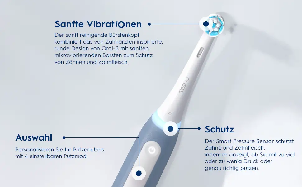 Oberer Teil der Oral-B iO Teens Zahnbürste mit Text über ihre Funktionen. 