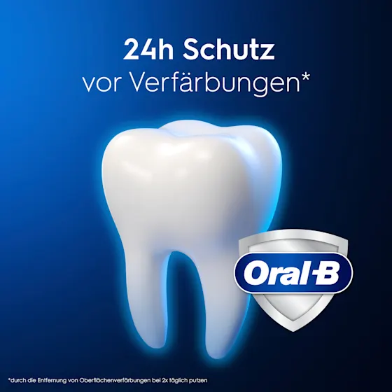 Oral-B 3D White Luxe Perfection Zahnpasta, Tube und Verpackung, mit dem Hinweis "Entfernt bis zu 100% der Verfärbungen".