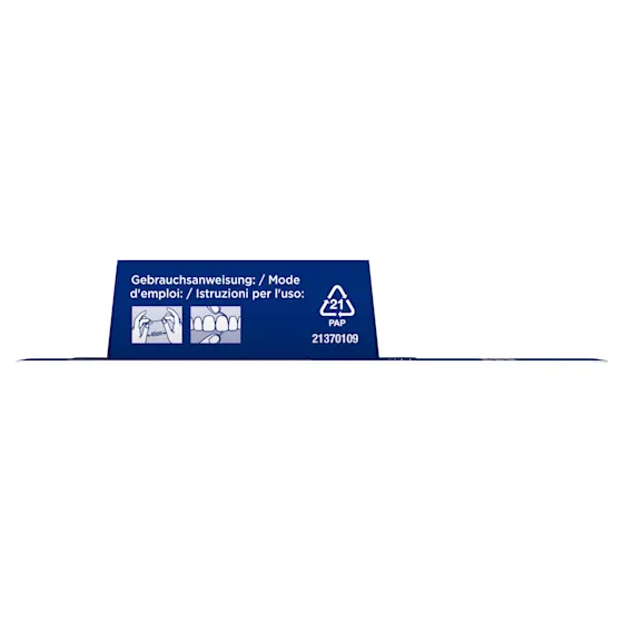 Oral-B Essential Zahnseide Verpackung, die den Hinweis "Entfernt Plaque an Stellen, die eine Zahnbürste nicht erreicht" hervorhebt.