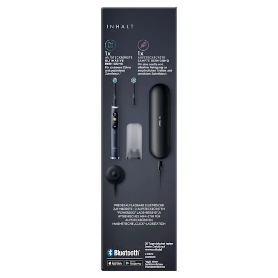 Oral-B iO9 Zahnbürste mit Verpackung, Reise-Etui mit Schnellladestation und „Made in Germany“ Anhänger.