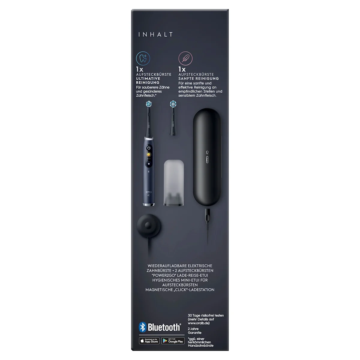 Oral-B iO9 Zahnbürste mit Verpackung, Reise-Etui mit Schnellladestation und „Made in Germany“ Anhänger.