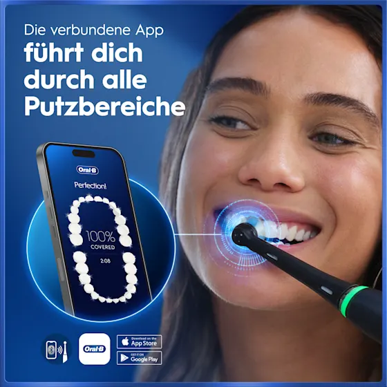 Oral-B iO5 Zahnbürste in Schwarz, zusammen mit Verpackung, Reiseetui und Ladefunktion; mit dem Hinweis Made in Germany.