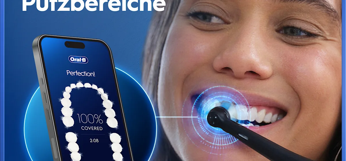 Oral-B iO5 Zahnbürste in Schwarz, zusammen mit Verpackung, Reiseetui und Ladefunktion; mit dem Hinweis Made in Germany.