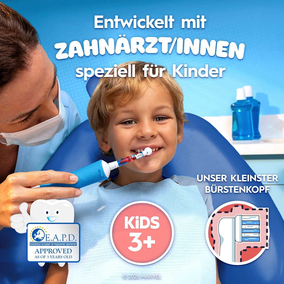 Oral-B PRO Kids elektrische Zahnbürste mit Marvel Spider-Man Design und Verpackung, für Kinder ab 3 Jahren.