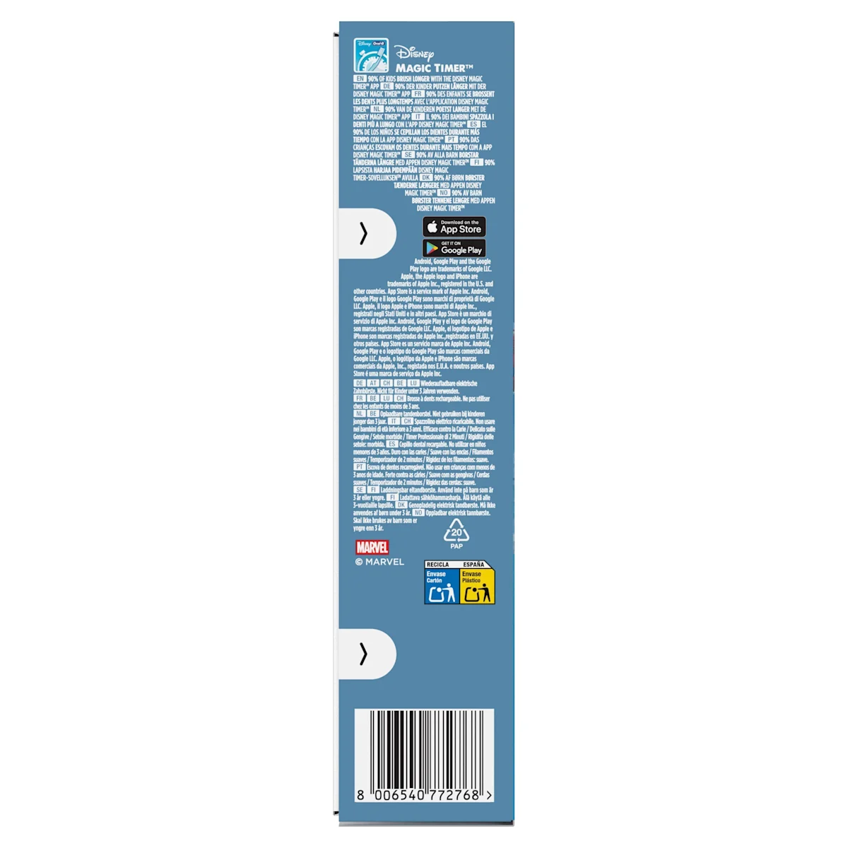 Oral-B PRO Kids elektrische Zahnbürste mit Marvel Spider-Man Design und Verpackung, für Kinder ab 3 Jahren.