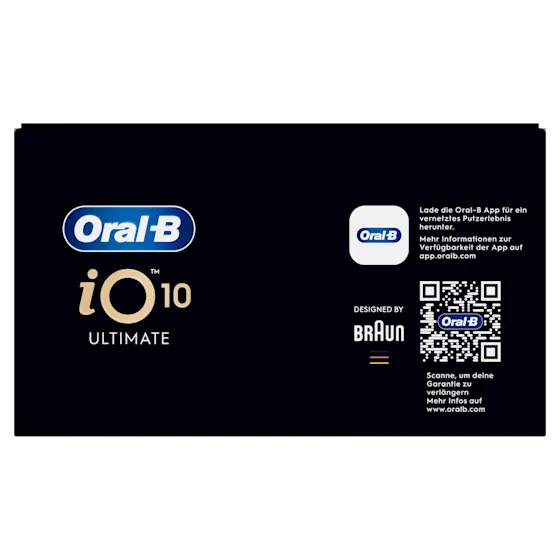 Oral-B iO 10 Ultimate Zahnbürste, mit Verpackung, Lade-Reise-Etui und dem Hinweis Oral-B's beste Zahnbürste.