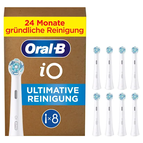 Oral-B iO Aufsteckbürsten, 8 Stück, mit Verpackung die "24 Monate gründliche Reinigung" hervorhebt.