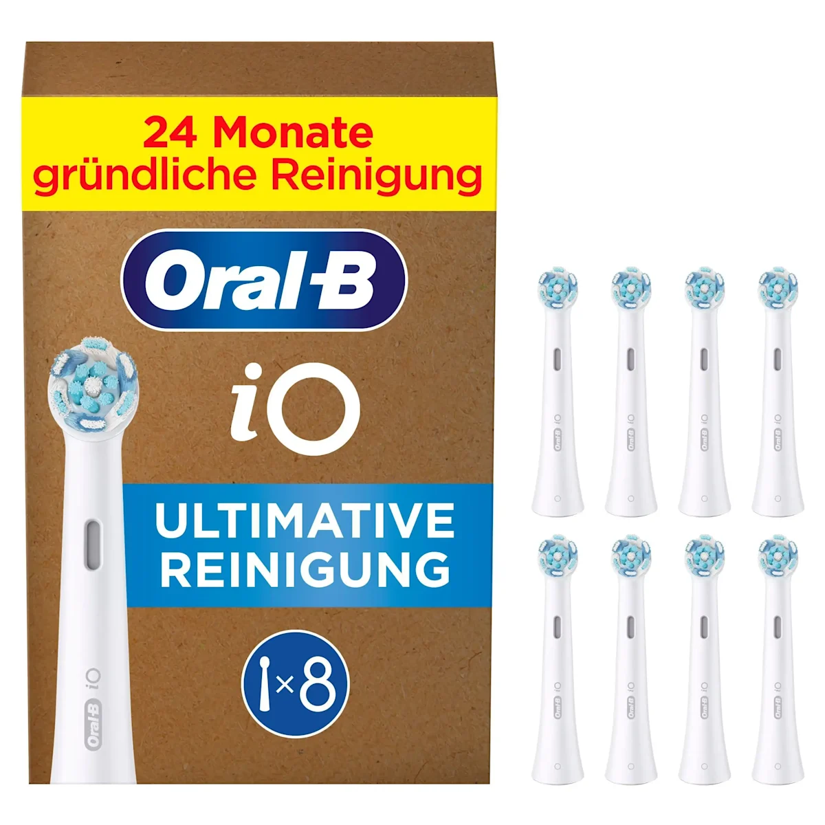 Oral-B iO Aufsteckbürsten, 8 Stück, mit Verpackung die "24 Monate gründliche Reinigung" hervorhebt.