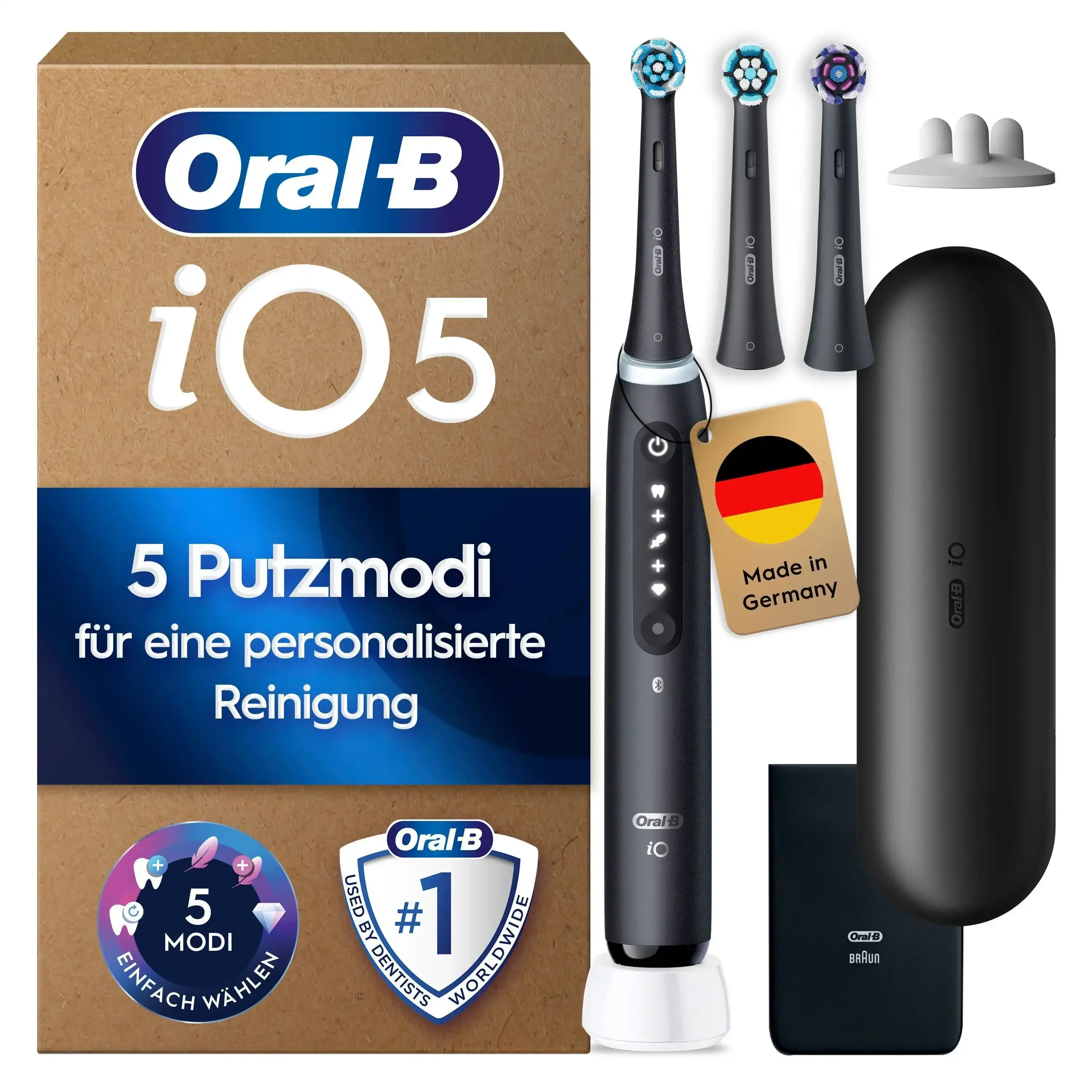 Oral-B iO5 Zahnbürste  mit Verpackung, die 5 Putzmodi fÃ¼r eine personalisierte Reinigung hervorhebt.