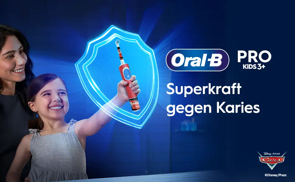 Frau mit einem Mädchen, das eine Oral-B Pro Kids 3+ Zahnbürste hält, mit Logo und Text daneben. 