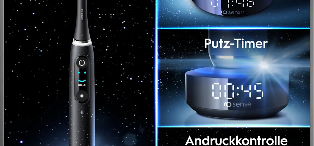 Oral-B iO 10 Ultimate Zahnbürste, mit Verpackung und Zubehör, hervorgehoben als Oral-B's beste Zahnbürste.