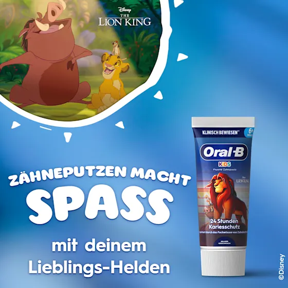 Oral-B Kids Fluorid Zahnpasta, mit 24 Stunden Kariesschutz und Disney Der König der Löwen Motiven.