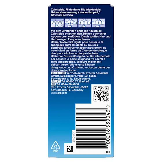 Oral-B Superfloss Threader Verpackung mit dem Hinweis auf 50 vorgeschnittene Zahnseidefäden zur Reinigung von Zahnspangen und unter Brücken.