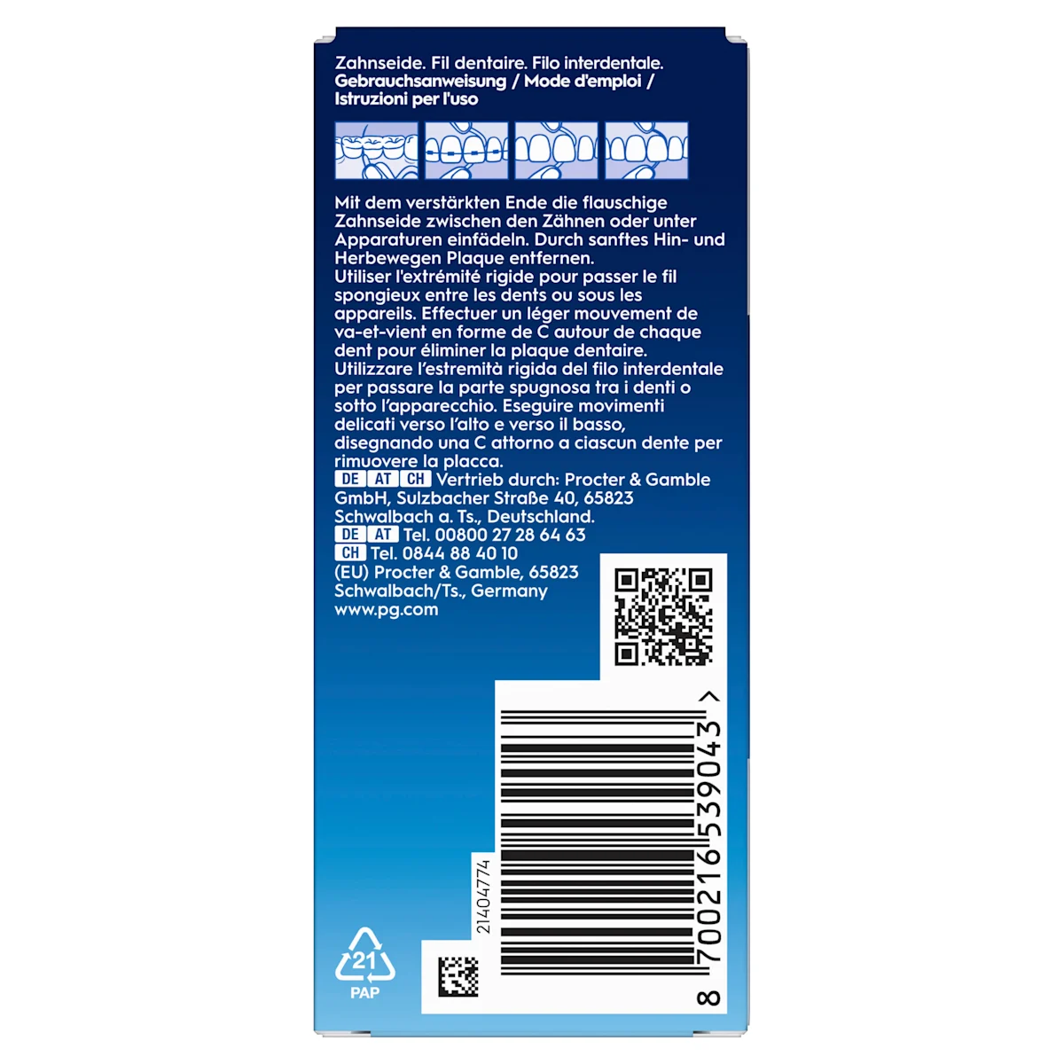 Oral-B Superfloss Threader Verpackung mit dem Hinweis auf 50 vorgeschnittene Zahnseidefäden zur Reinigung von Zahnspangen und unter Brücken.