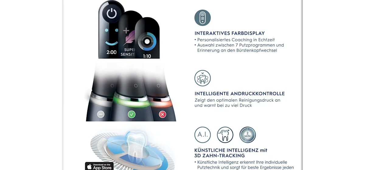 Oral-B iO9 Zahnbürste mit Verpackung, Reise-Etui mit Schnellladestation und „Made in Germany“ Anhänger.