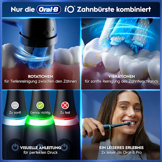 Oral-B iO5 Zahnbürste in Schwarz, zusammen mit Verpackung, Reiseetui und Ladefunktion; mit dem Hinweis Made in Germany.