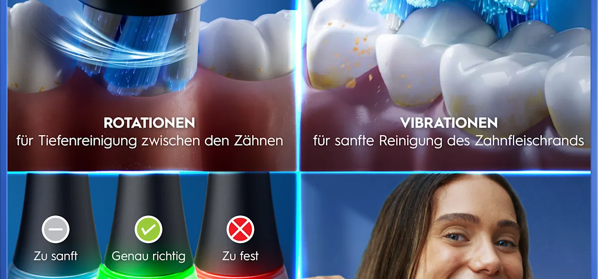 Oral-B iO5 Zahnbürste in Schwarz, zusammen mit Verpackung, Reiseetui und Ladefunktion; mit dem Hinweis Made in Germany.