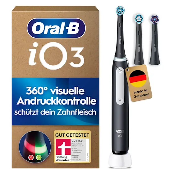 Oral-B iO3 Zahnbürste mit Verpackung, die die 360Â° visuelle Andruckkontrolle zum Schutz des Zahnfleisches hervorhebt.