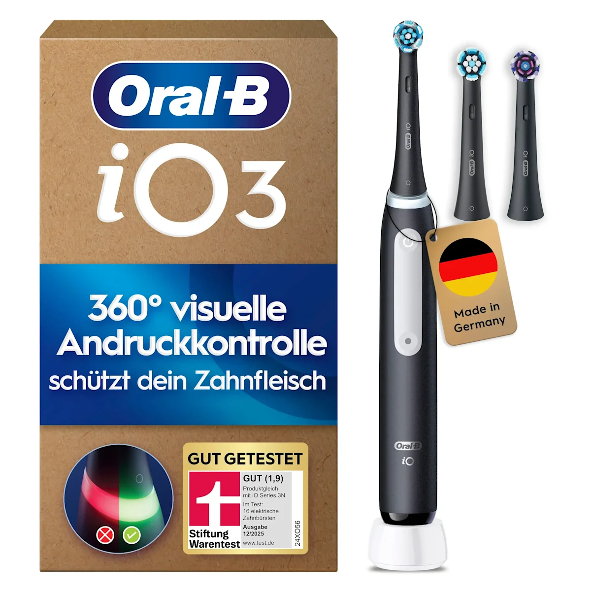 Oral-B iO3 Zahnbürste mit Verpackung, die die 360° visuelle Andruckkontrolle zum Schutz des Zahnfleisches hervorhebt.