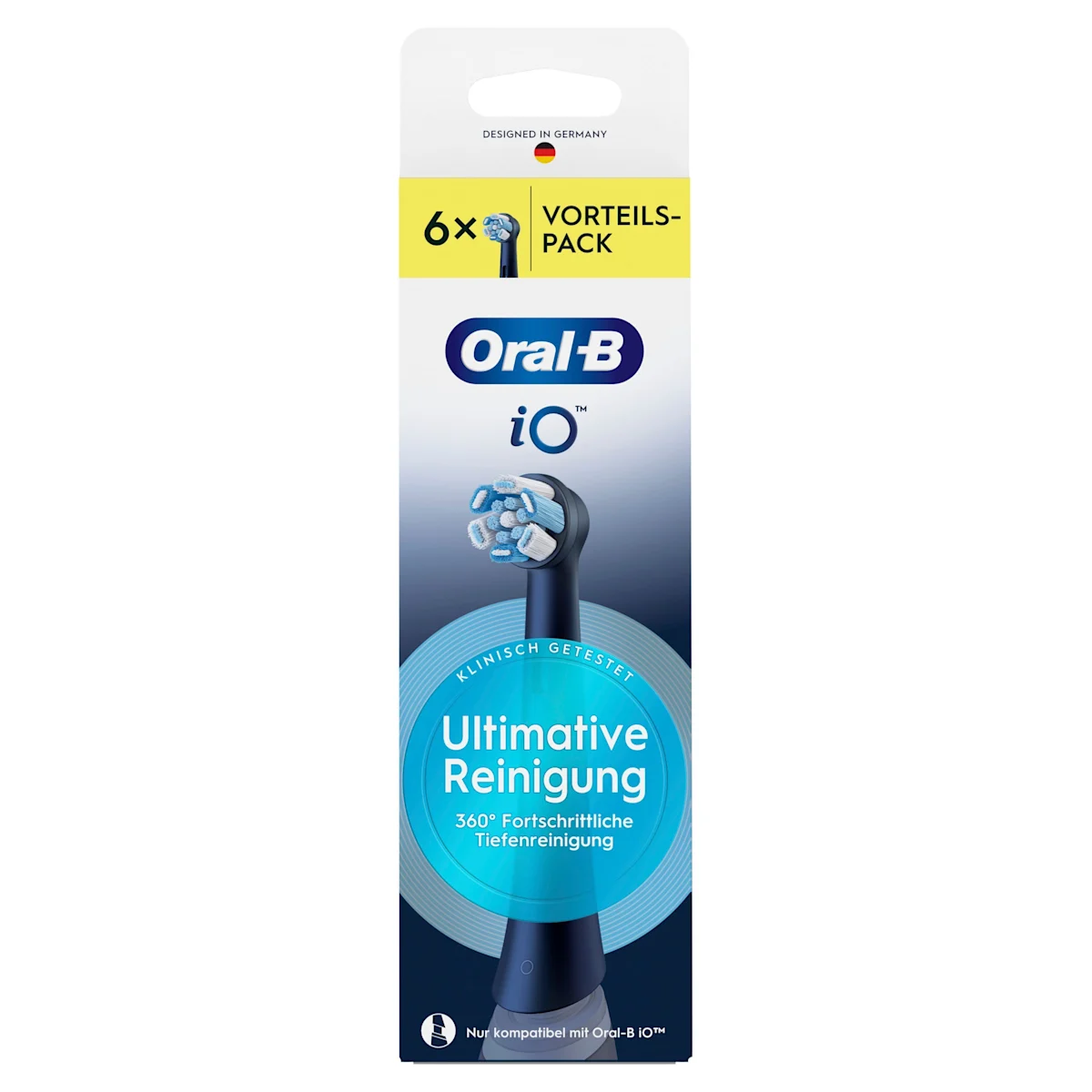 Oral-B iO Aufsteckbürsten, 6er-Packung, mit dem Hinweis "Ultimative Reinigung" auf der Verpackung.