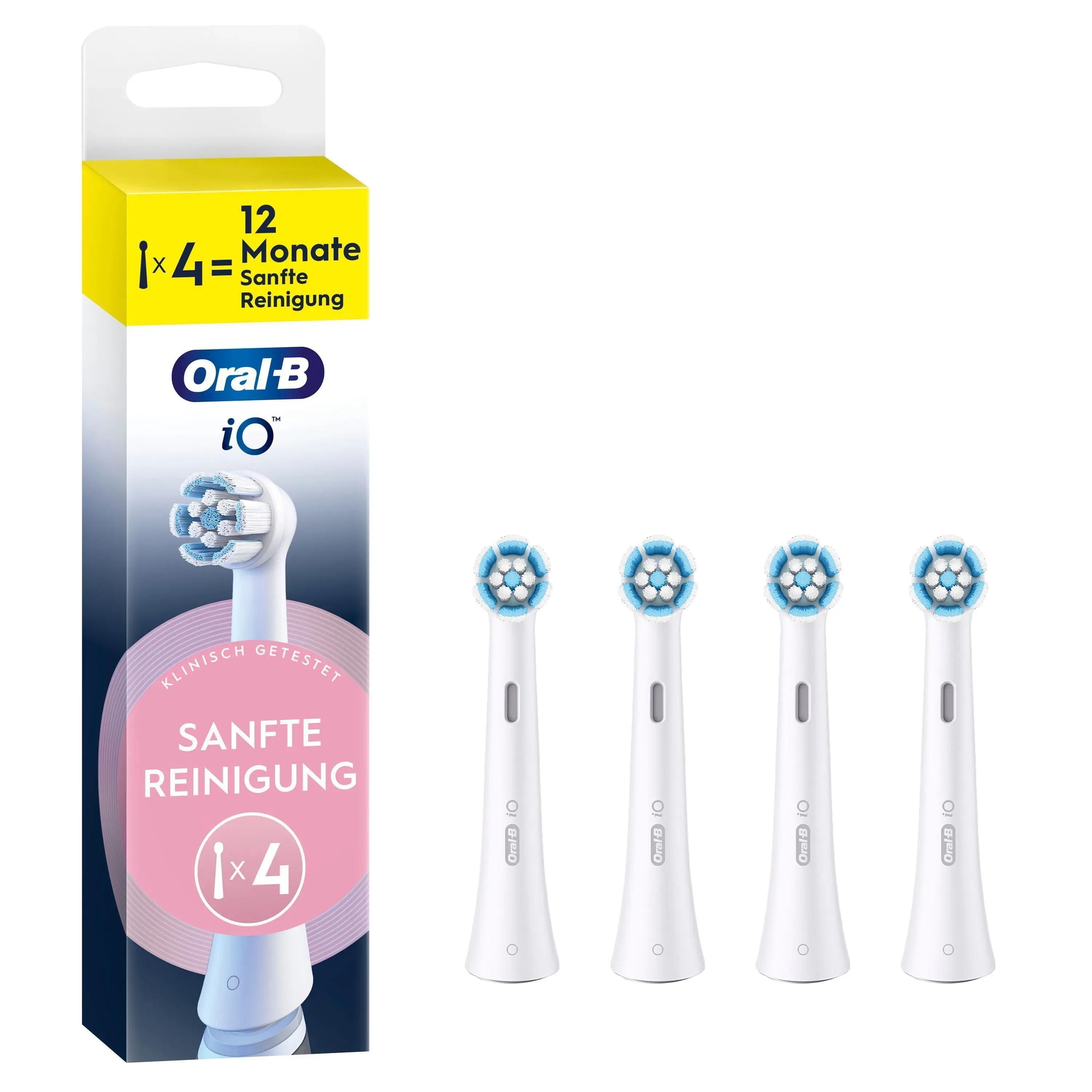 Oral-B iO Aufsteckbürsten-Verpackung, die "Sanfte Reinigung" und 12 Monate Bürstenköpfe (4 Stück) hervorhebt.