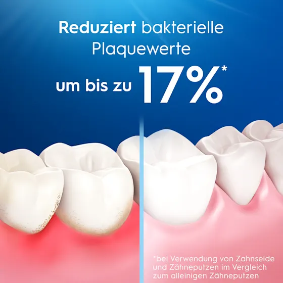 Oral-B Essential Zahnseide Verpackung, die den Hinweis "Entfernt Plaque an Stellen, die eine Zahnbürste nicht erreicht" hervorhebt.