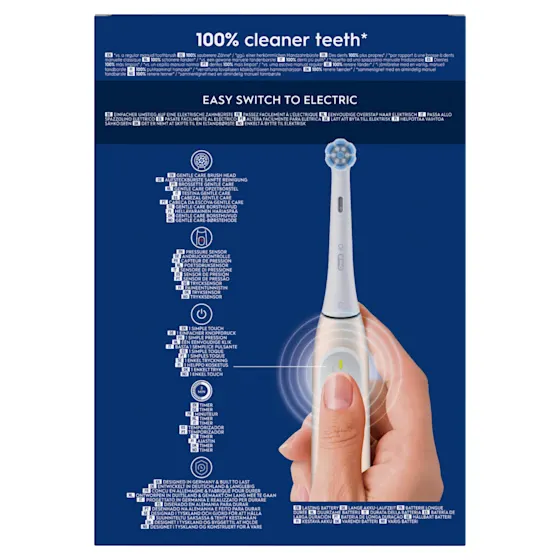 Oral-B iO Series 2 Zahnbürste, Verpackung mit dem Hinweis auf 100% sauberere Zähne im Vergleich zu einer herkömmlichen Handzahnbürste