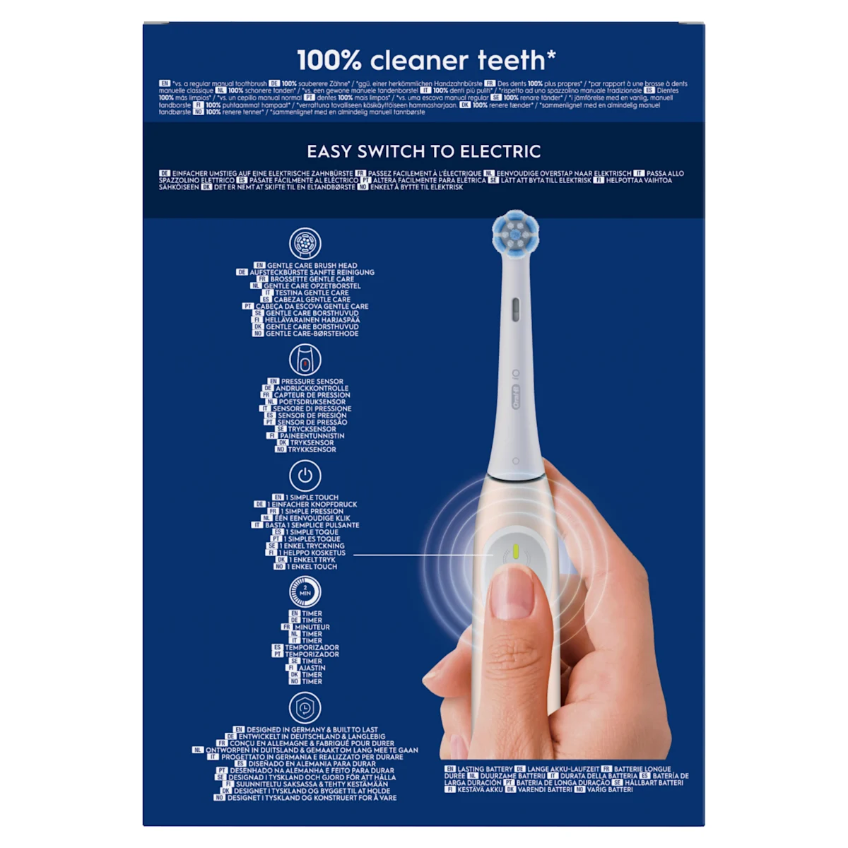 Oral-B iO Series 2 Zahnbürste, Verpackung mit dem Hinweis auf 100% sauberere Zähne im Vergleich zu einer herkömmlichen Handzahnbürste