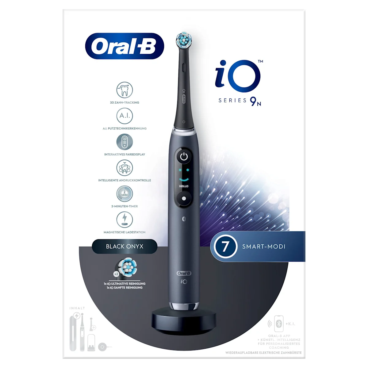 Oral-B iO9 Zahnbürste mit Verpackung, Reise-Etui mit Schnellladestation und „Made in Germany“ Anhänger.