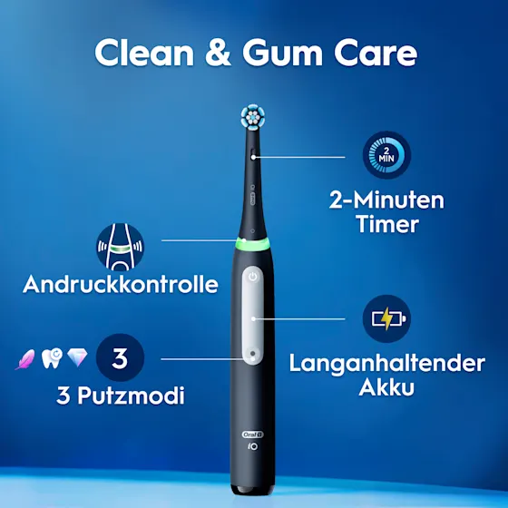 Oral-B iO3 elektrische Zahnbürste mit Verpackung, die die 360° visuelle Andruckkontrolle zur Schonung des Zahnfleisches hervorhebt. Mit Made in Germany Anhänger.