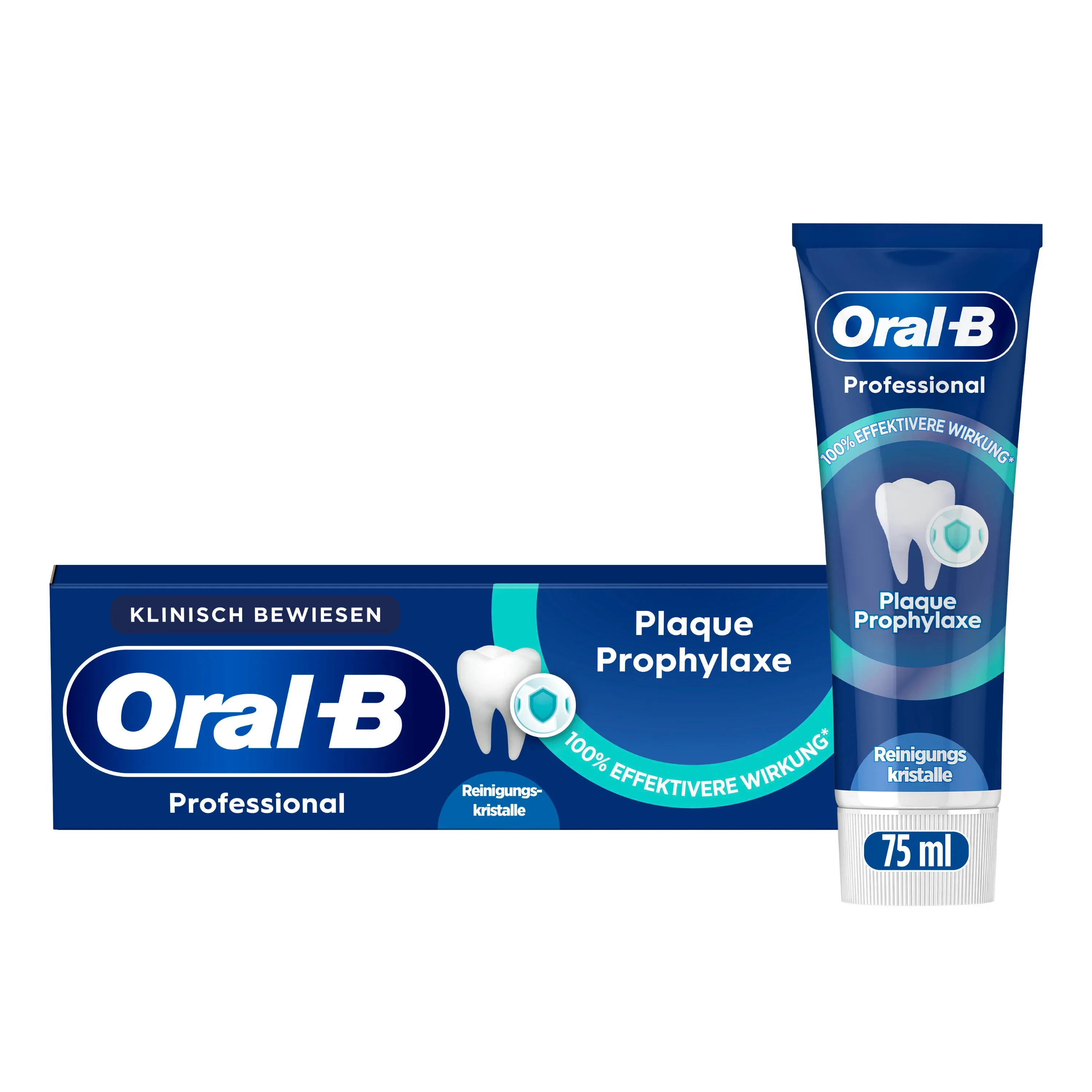 Oral-B Professional Plaque Prophylaxe Zahnpasta, Tube und Verpackung, mit dem Hinweis "100% effektivere Wirkung".