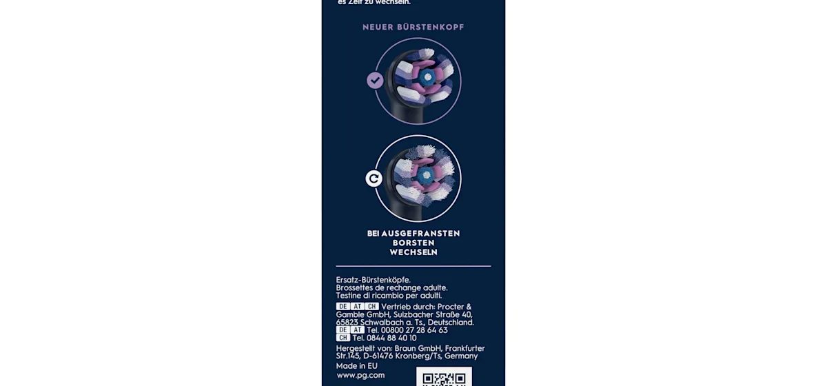 Oral-B iO Aufsteckbürsten-Verpackung, die "Strahlendes Weiss" und 4 Bürstenköpfe enthält, für 12 Monate sanfte Reinigung.