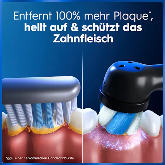 Oral-B iO5 Zahnbürste in Schwarz, zusammen mit Verpackung, Reiseetui und Ladefunktion; mit dem Hinweis Made in Germany.