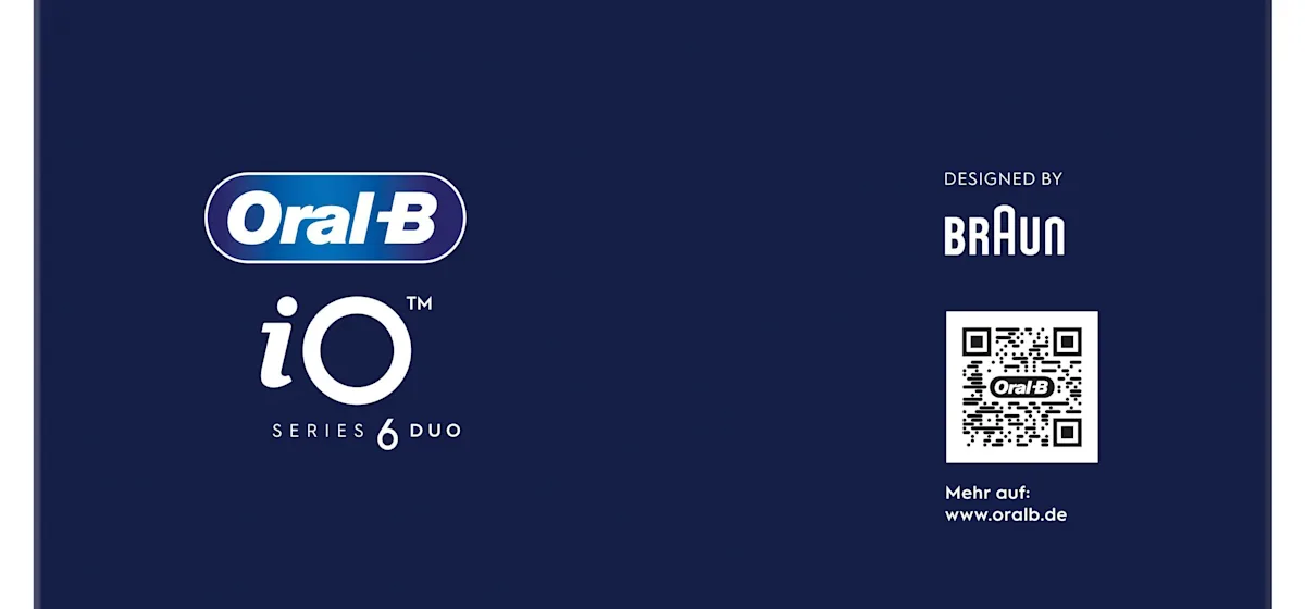 Oral-B iO 6 Zahnbürsten-Duo mit interaktivem Display für angeleitetes Putzen und dem Hinweis "Made in Germany".
