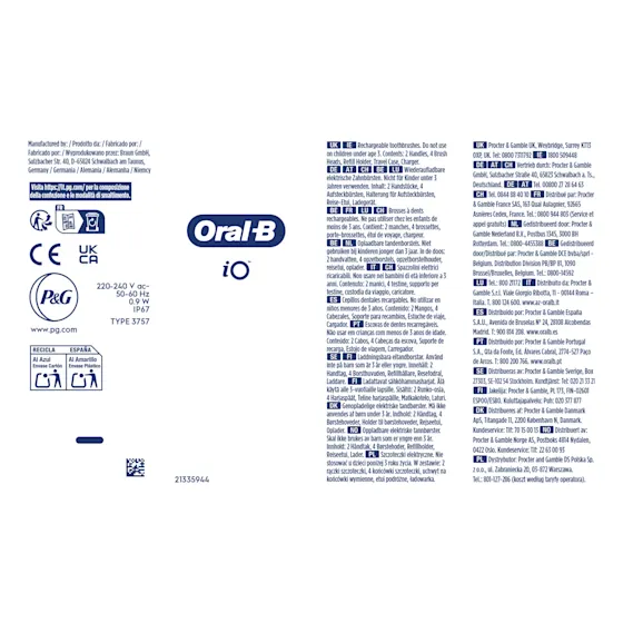 Oral-B iO3 Verpackung mit dem Hinweis auf 360° visuelle Andruckkontrolle und der Auszeichnung Testsieger von Stiftung Warentest.