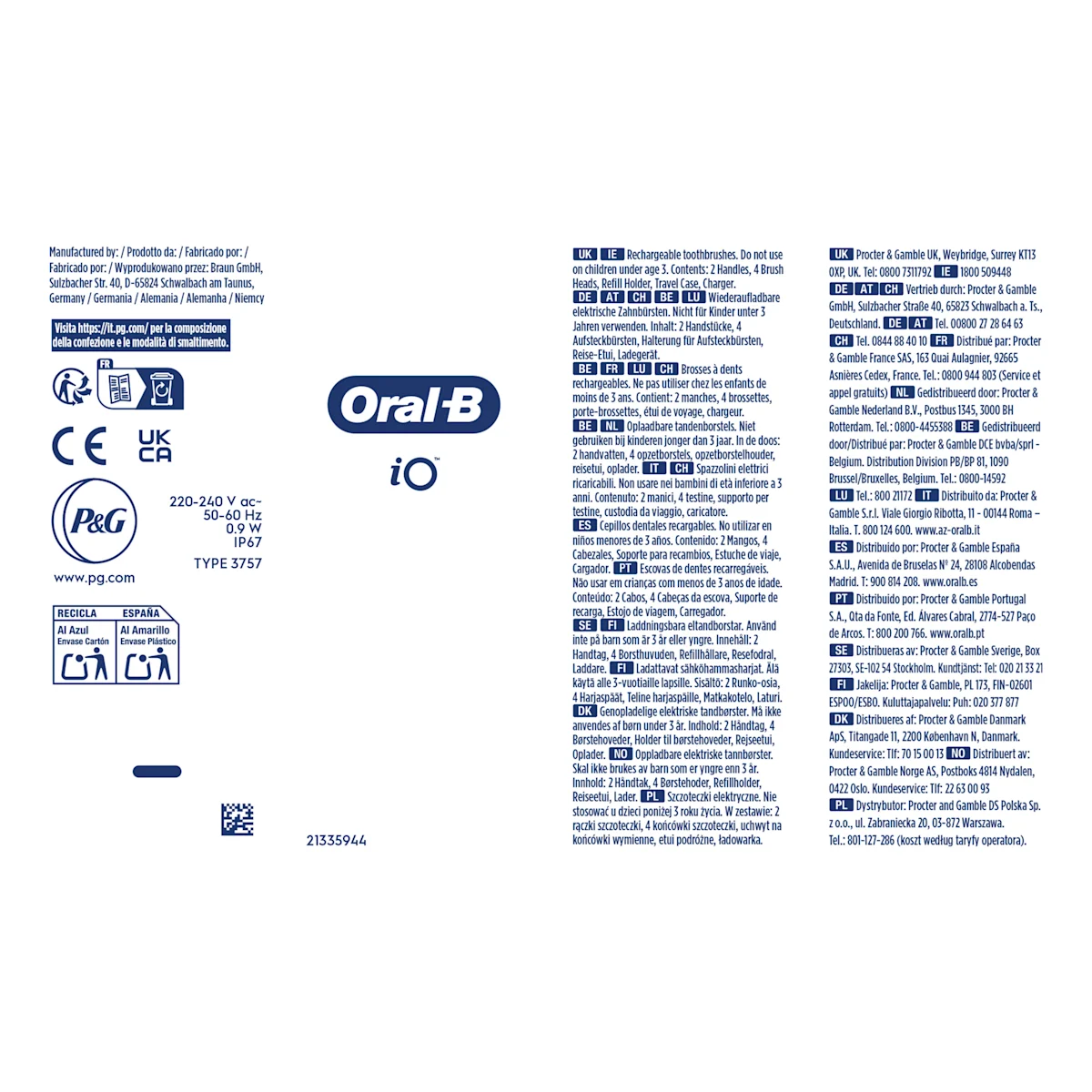 Oral-B iO3 Verpackung mit dem Hinweis auf 360° visuelle Andruckkontrolle und der Auszeichnung Testsieger von Stiftung Warentest.