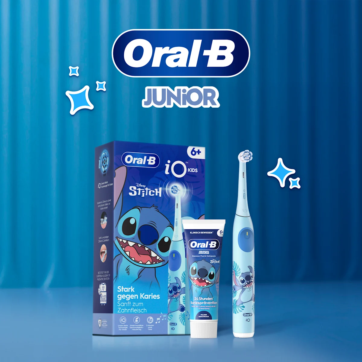 Oral-B Junior Stannous Fluorid Zahnpasta mit Disney Stitch, bietet 24 Stunden Kariesprävention und stärkt den Zahnschmelz.