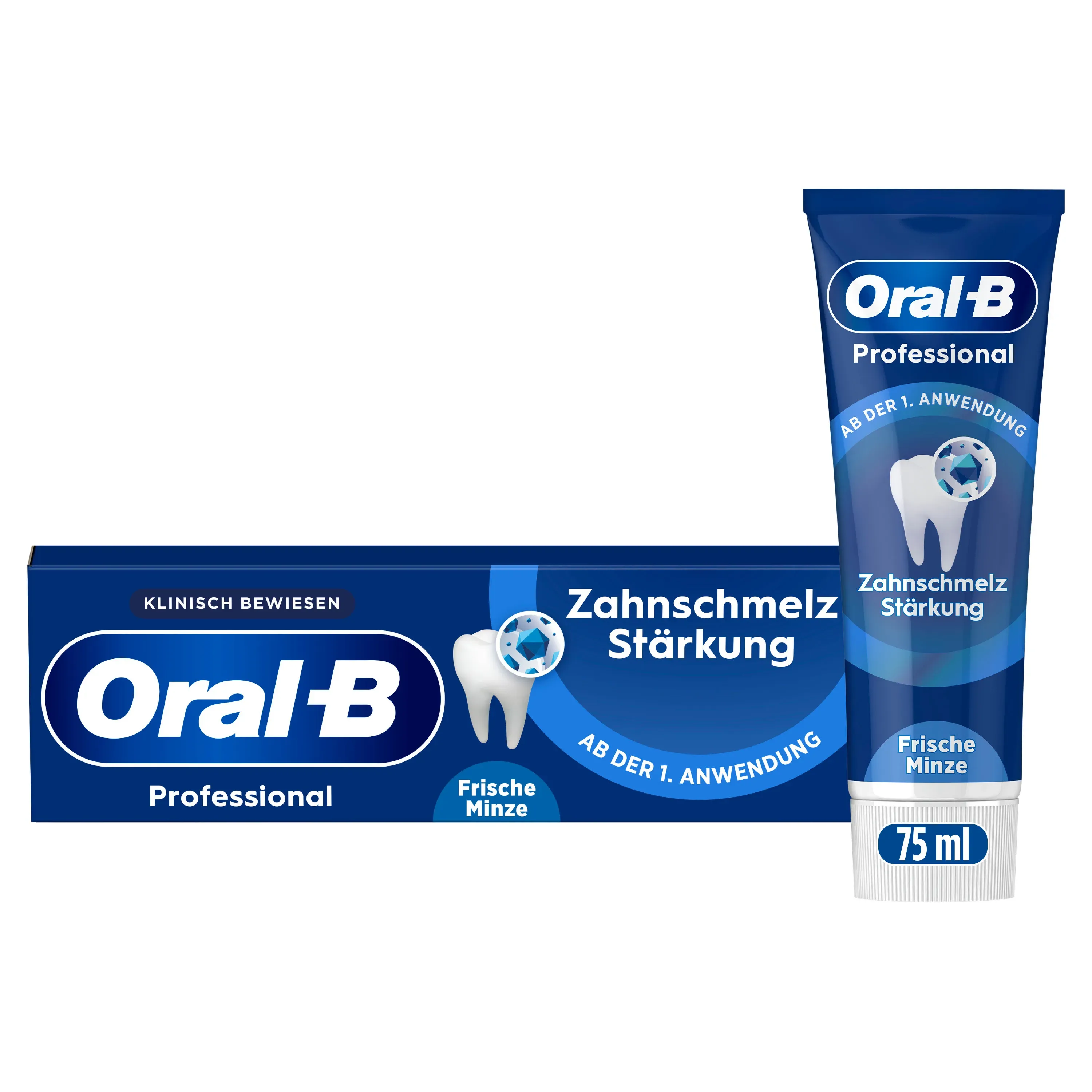 Oral-B Professional Zahnpasta, Tube und Verpackung, mit dem Hinweis "Zahnschmelz Stärkung ab der 1. Anwendung".