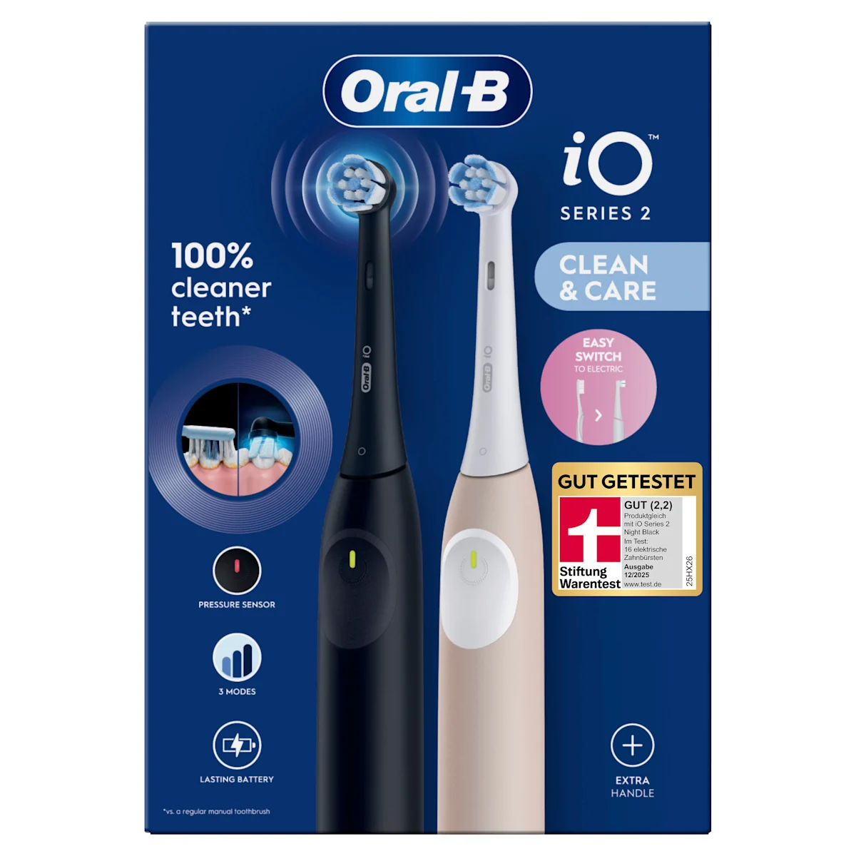 Oral-B iO Series 2 Zahnbürste, Verpackung mit dem Hinweis auf 100% sauberere Zähne im Vergleich zu einer herkömmlichen Handzahnbürste