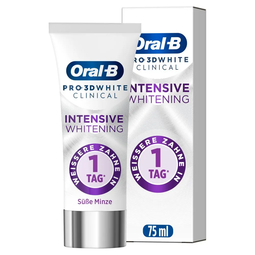 Oral-B 3D White Luxe Perfection Zahnpasta, Tube und Verpackung, mit dem Hinweis "Entfernt bis zu 100% der Verfärbungen".