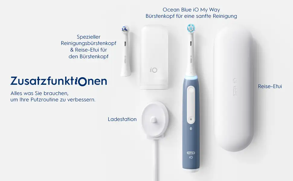 Oral-B iO Teens Zahnbürste mit zusätzlichem Bürstenkopf, Ladestation und Reise-Etui. 