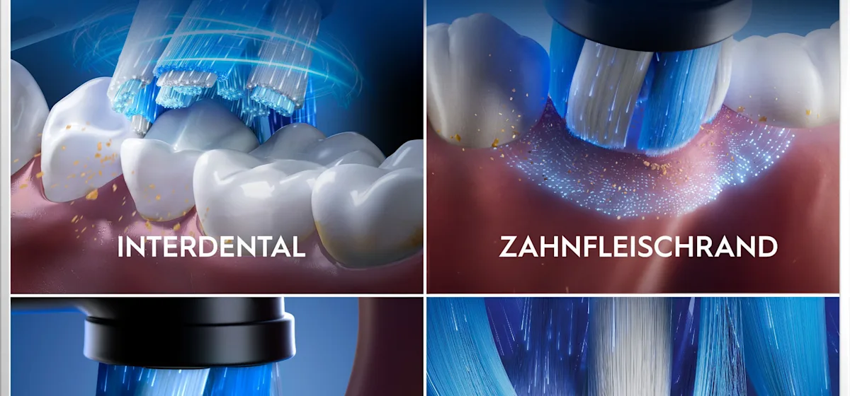 Oral-B iO6 elektrische Zahnbürste mit Verpackung, die geführte Reinigung mit der App hervorhebt, damit keine Stelle ausgelassen wird. Mit Made in Germany Anhänger.
