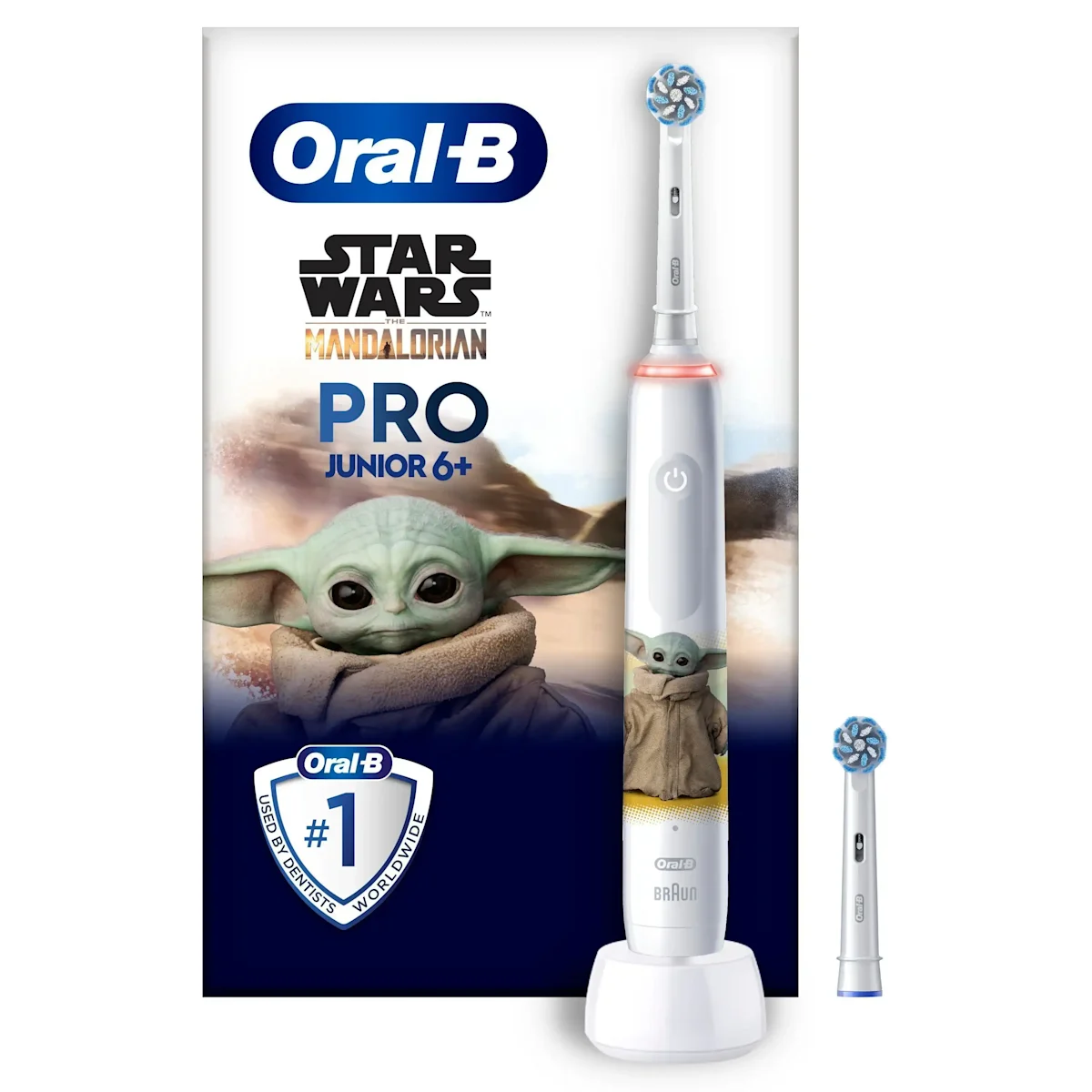 Oral-B Star Wars Mandalorian Pro Junior 6+ Zahnbürste, mit Verpackung und dem Hinweis "Von Zahnärzten weltweit am häufigsten verwendet".