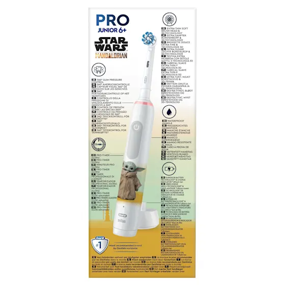 Oral-B Star Wars Mandalorian Pro Junior 6+ Zahnbürste, mit Verpackung und dem Hinweis "Von Zahnärzten weltweit am häufigsten verwendet". 