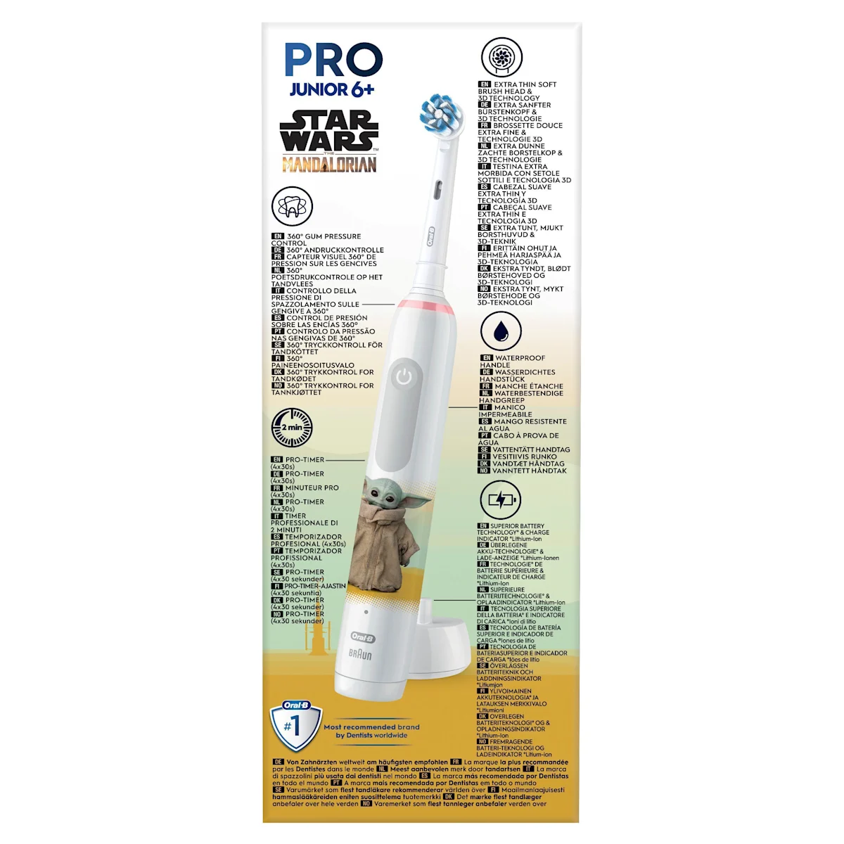 Oral-B Star Wars Mandalorian Pro Junior 6+ Zahnbürste, mit Verpackung und dem Hinweis "Von Zahnärzten weltweit am häufigsten verwendet".
