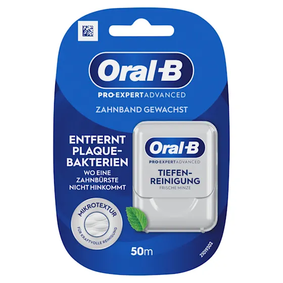 Oral-B Pro-Expert Advanced Zahnseide, Verpackung mit dem Hinweis "Entfernt Plaque-Bakterien" und "Tiefen-Reinigung Frische Minze".