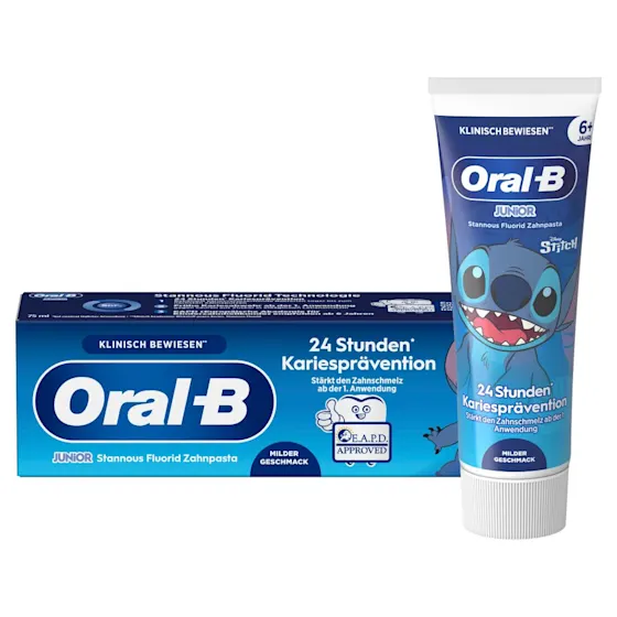 Oral-B Junior Stannous Fluorid Zahnpasta mit Disney Stitch, bietet 24 Stunden Kariesprävention und stärkt den Zahnschmelz.