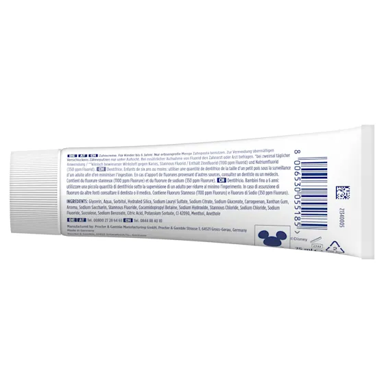 Oral-B Junior Stannous Fluorid Zahnpasta mit Disney Stitch, bietet 24 Stunden Kariesprävention und stärkt den Zahnschmelz.