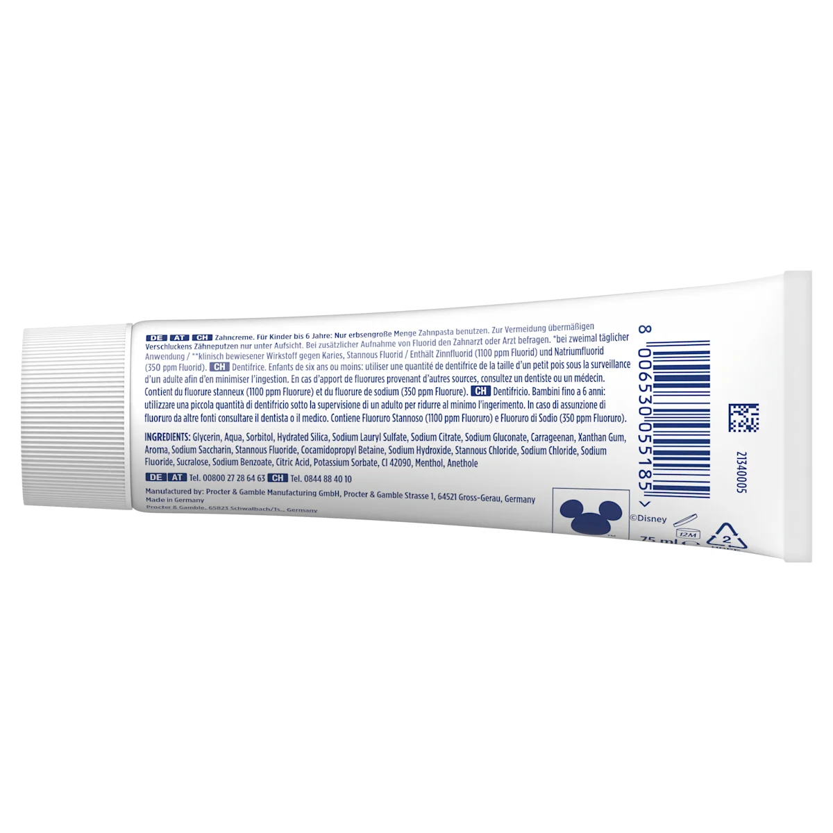 Oral-B Junior Stannous Fluorid Zahnpasta mit Disney Stitch, bietet 24 Stunden Kariesprävention und stärkt den Zahnschmelz.